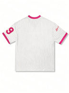 Fashion Women'S Monogram Print Women'S V-Neck College Loose Striped Short Sleeve T-Shirt - Rose Red
