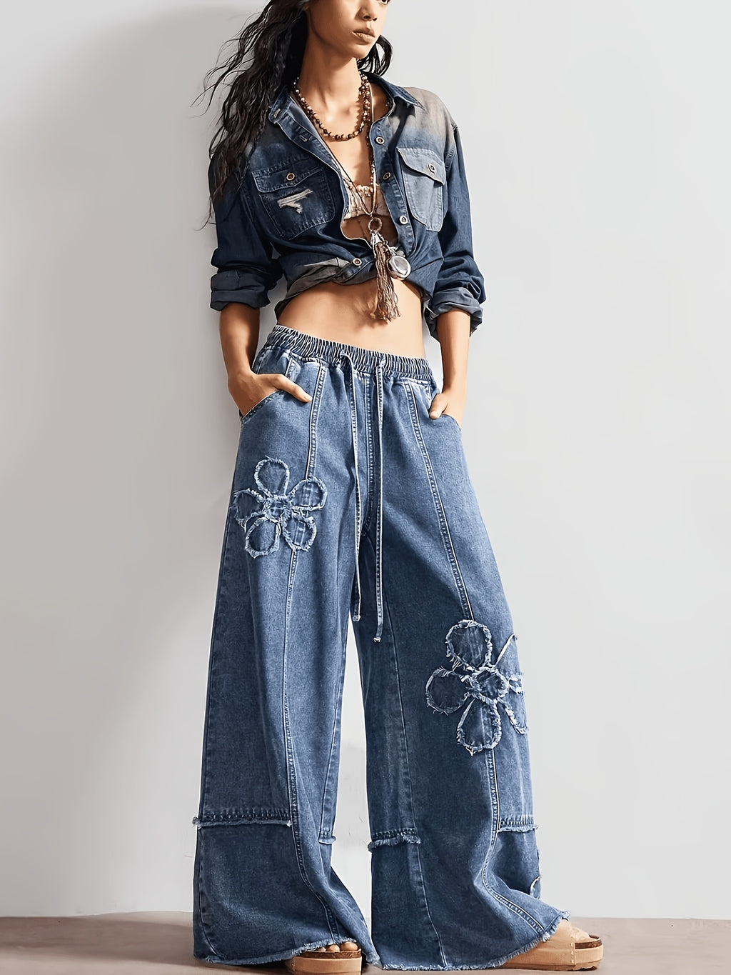 Women'S 3D Floral Wide-Leg Jeans, Elastic Waist Frayed Casual Trousers, Relaxed Tall-Looking Denim - Deep Blue