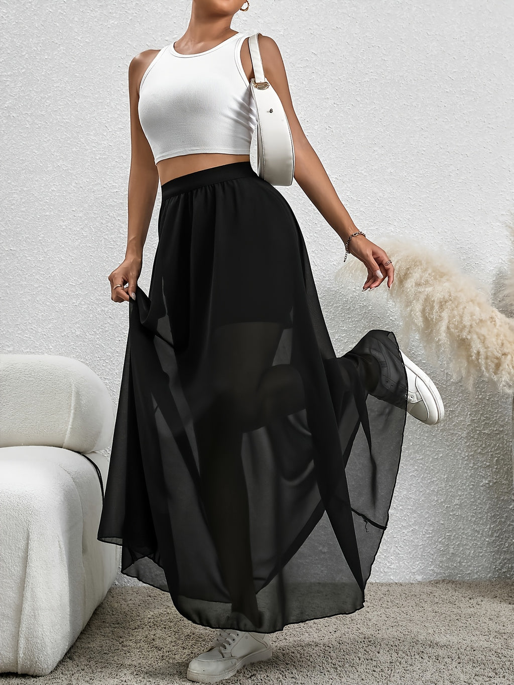 Women'S Holiday Wind High-Waisted Chiffon Mid-Length Flowing Beach Skirt - Black