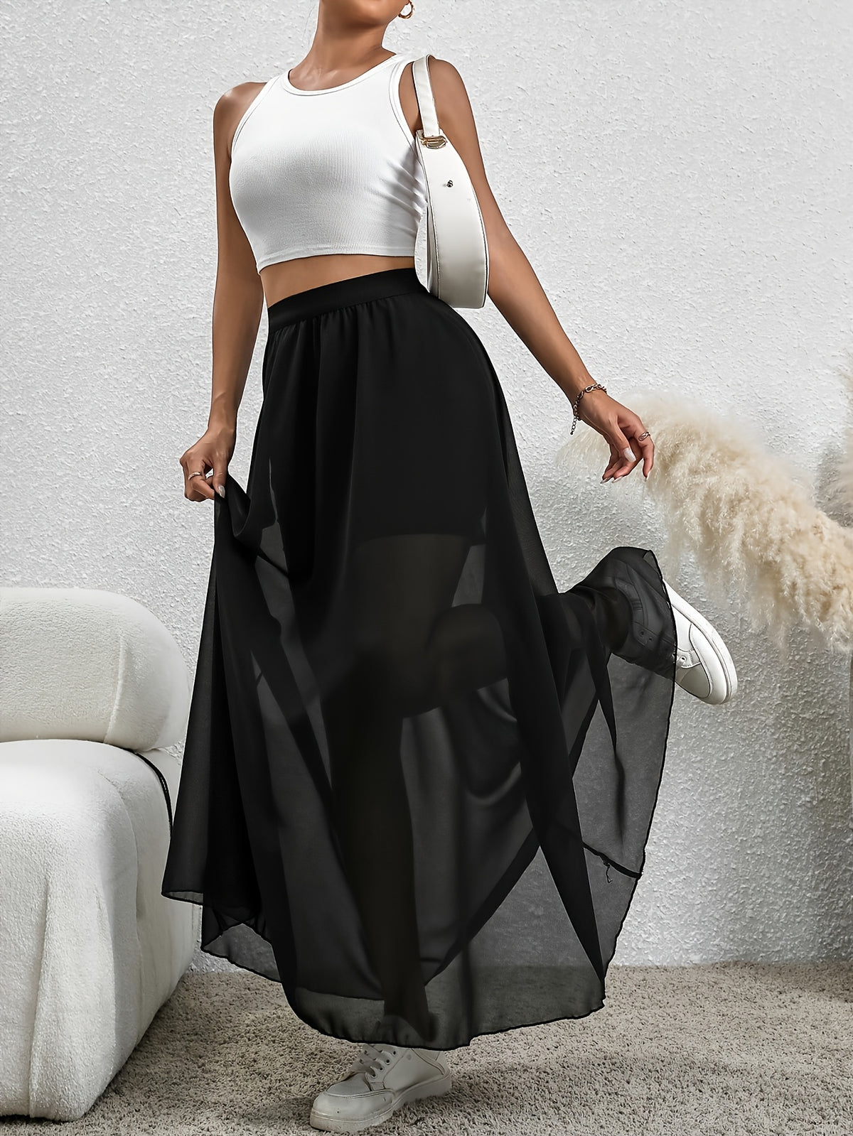 Women'S Holiday Wind High-Waisted Chiffon Mid-Length Flowing Beach Skirt - Black