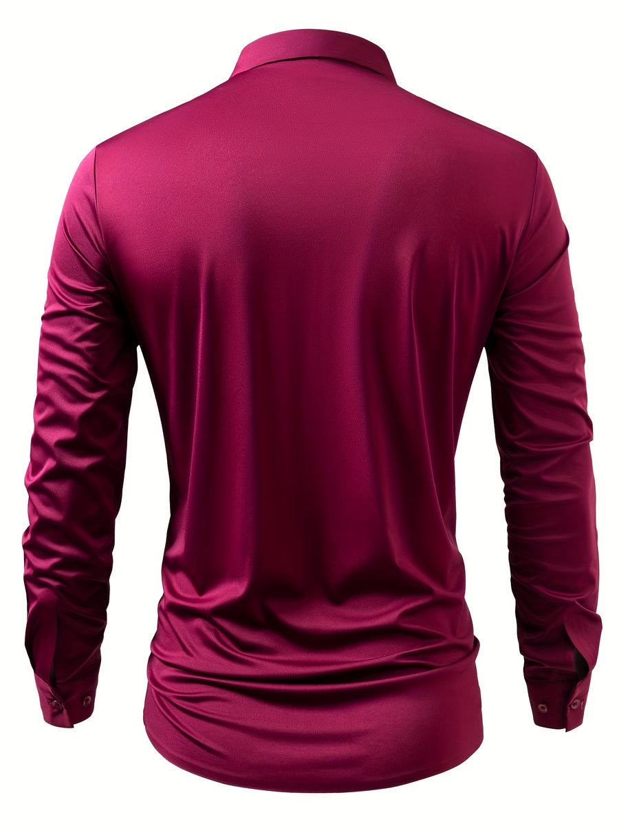 2pcs Set of Seamless Pressure Adhesive High-Elasticity Non-Iron Men'S Dress Shirt Long Sleeve Business Casual Formal Top, Material 88% Polyester 12% Spandex, Fabric Weight 160G, Casual - Wine Red + Wine Red