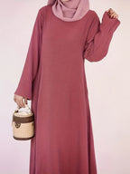 Elegant Women's Crew Neck Long Sleeve Kaftan Dress - Solid Color Fitted Maxi Dress, Machine Washable All-Season Versatile Traditional & Modern Style, Fitting Dresses for Ladies, Casual Elegant Wear, Durable Garment - The color of rouge