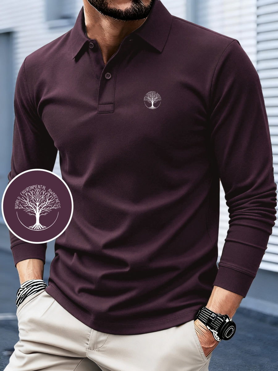 HC2-3493# Tree of Life Minimalist Fashion Pattern Print, 2025 Autumn And Winter New Long-Sleeved POLO Shirt, Color-Blocking Design, Fashionable And Advanced, Lapel Top, Comfortable And Breathable Fabric, Wrinkle-Resistant And Anti-Pilling - Grape Purple