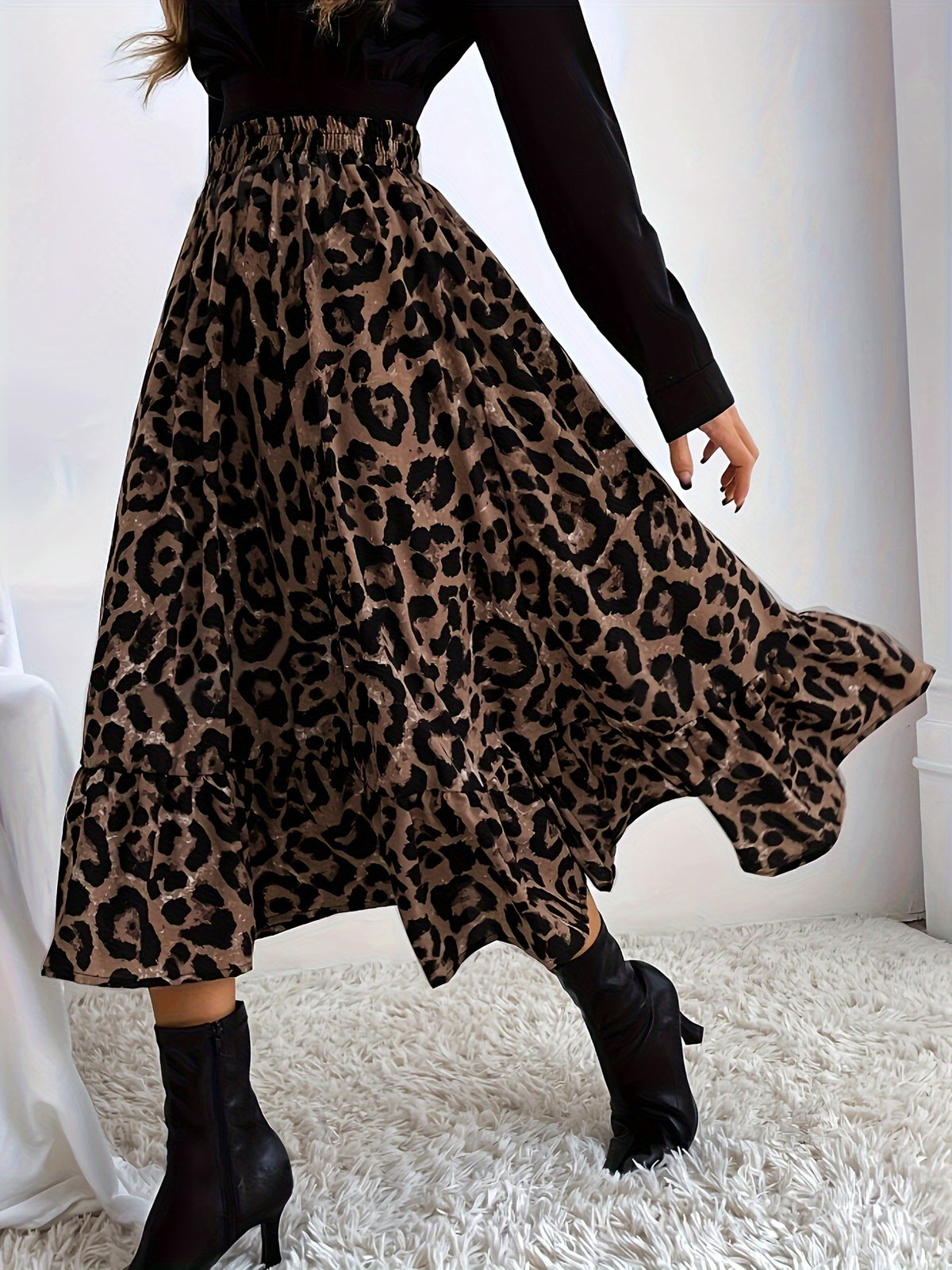 Elegant Leopard Print Midi Skirt with Ruffle Detail - High Waist, Non-Stretch Polyester, Machine Washable - Perfect for All Seasons - Leopard Print