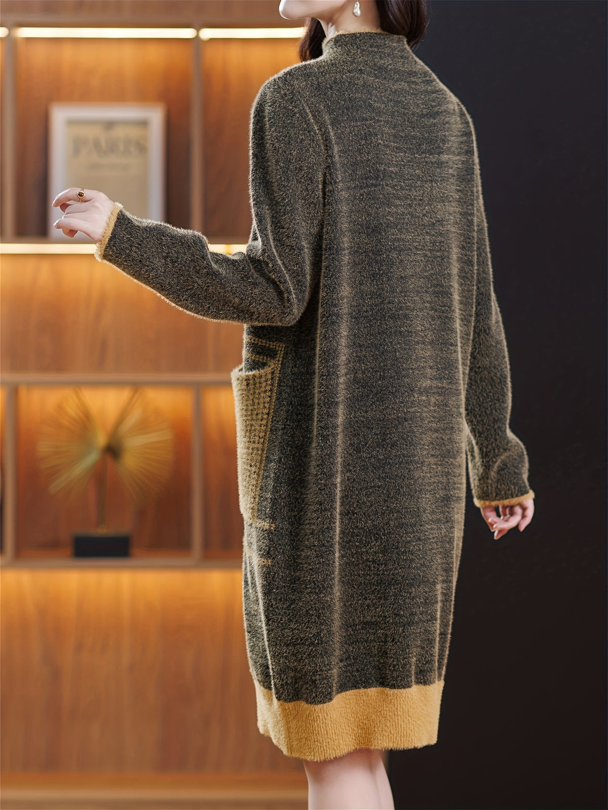 Elegant Special Geometric Pattern Design Women's Long Sleeve Cardigan, New Color-Block Women's Apparel, Women's Pullover Dress with Large Pocket Design, New Autumn/Winter Women's Fashion Sweater, Suitable for Daily Outings and Dates, Women's Gift - Coffee Brown