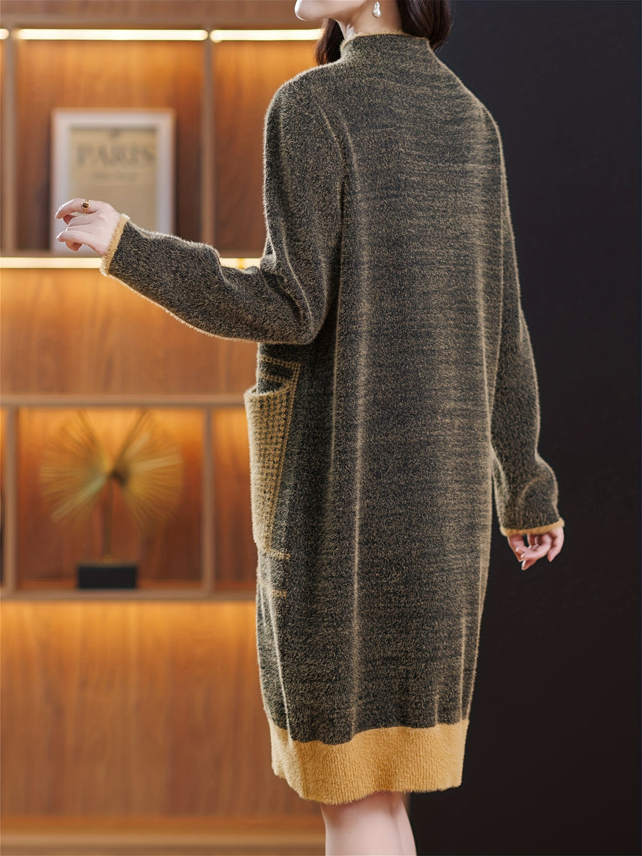 Elegant Special Geometric Pattern Design Women's Long Sleeve Cardigan, New Color-Block Women's Apparel, Women's Pullover Dress with Large Pocket Design, New Autumn/Winter Women's Fashion Sweater, Suitable for Daily Outings and Dates, Women's Gift - Coffee Brown