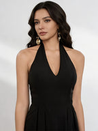 Elegant Directional Fashion Light Luxury Choker Neckline Deep V Slim-fit Flared Formal Banquet, Ball, Holiday Party Dress - Black