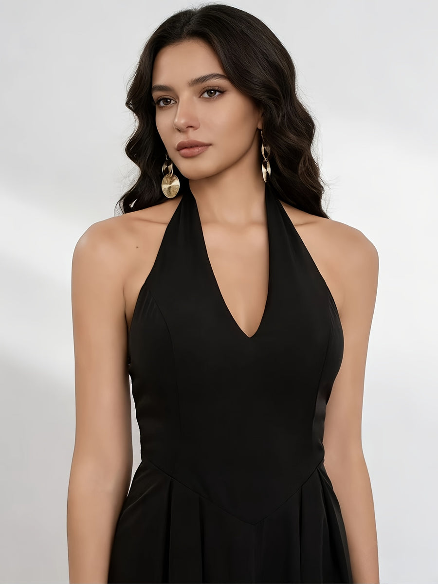 Elegant Directional Fashion Light Luxury Choker Neckline Deep V Slim-fit Flared Formal Banquet, Ball, Holiday Party Dress - Black
