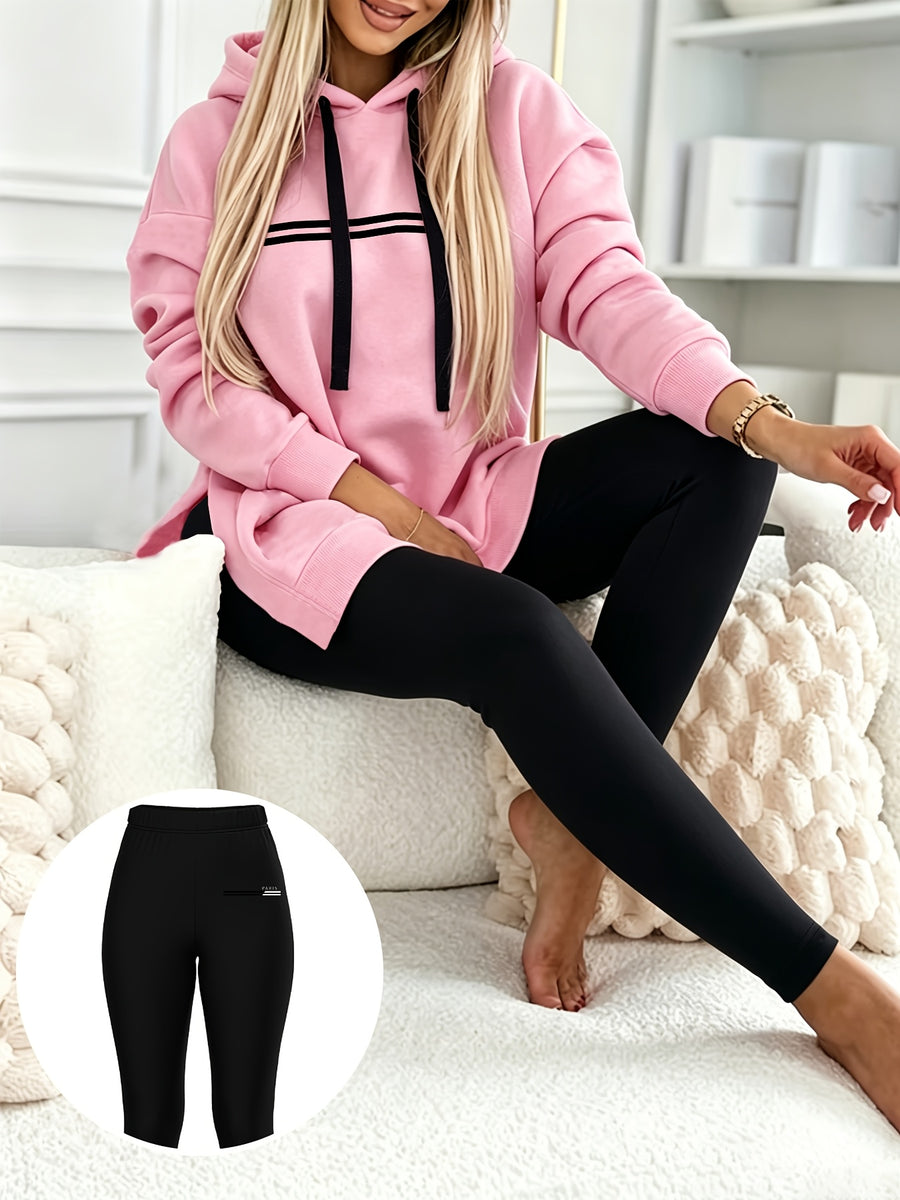 Autumn/Winter Set: Hooded Sweatshirt And Fitted Long Pants (Pattern Print Design) - Pink With Black