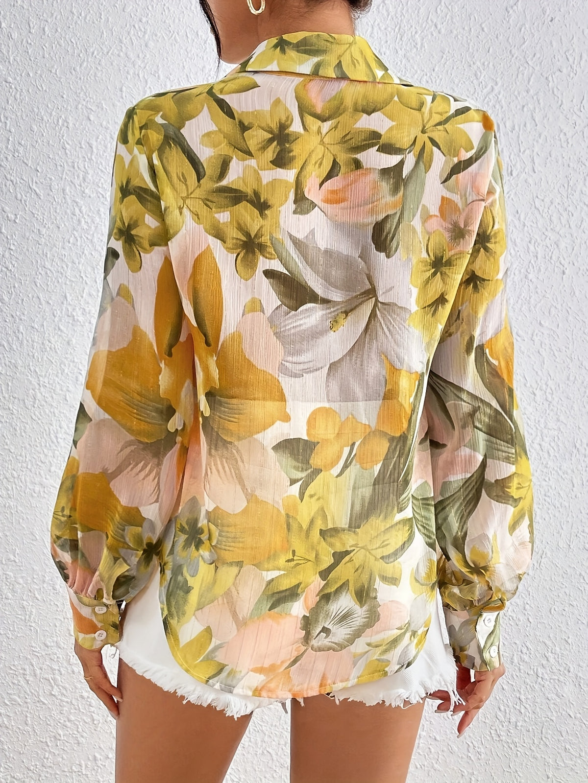 Turn- Collar Full Button Print Tie Long Sleeve Shirt - ginger-colored