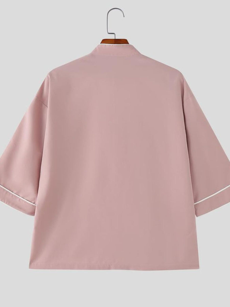 Men Retro Tops Frog Button Stand Collar Short Sleeve Loose Thin Outdoor Street New Chinese Style Casual Shirt, Chinese Size, Please Check The Size Guide Carefully - Pink