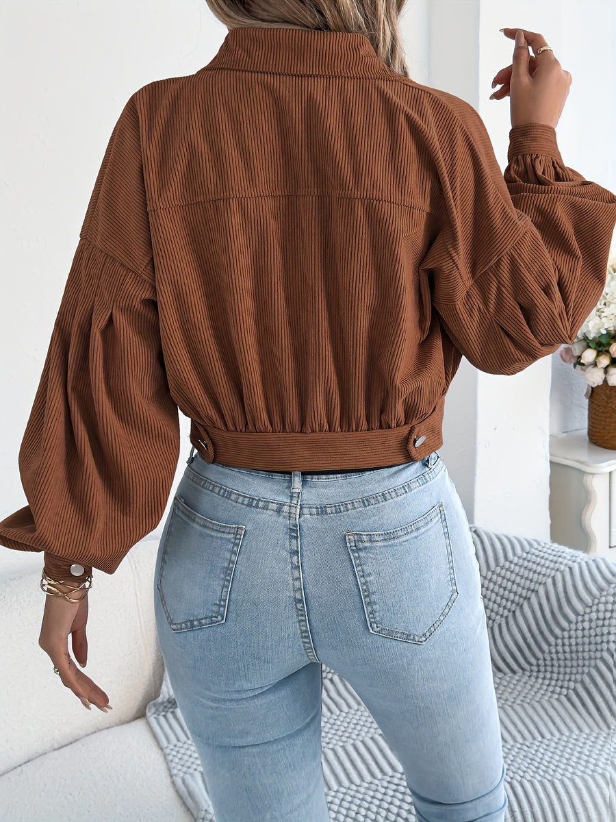 Spring Autumn Casual Vacation Solid Color Single Breasted Lantern Long Sleeve Corduroy Short Coat Women'S Jacket - Sepia