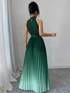 Elegant Romantic Ruffled Neckline And Waist Tie A-Line Pleated Gradient Maxi Dress - Gradient Green