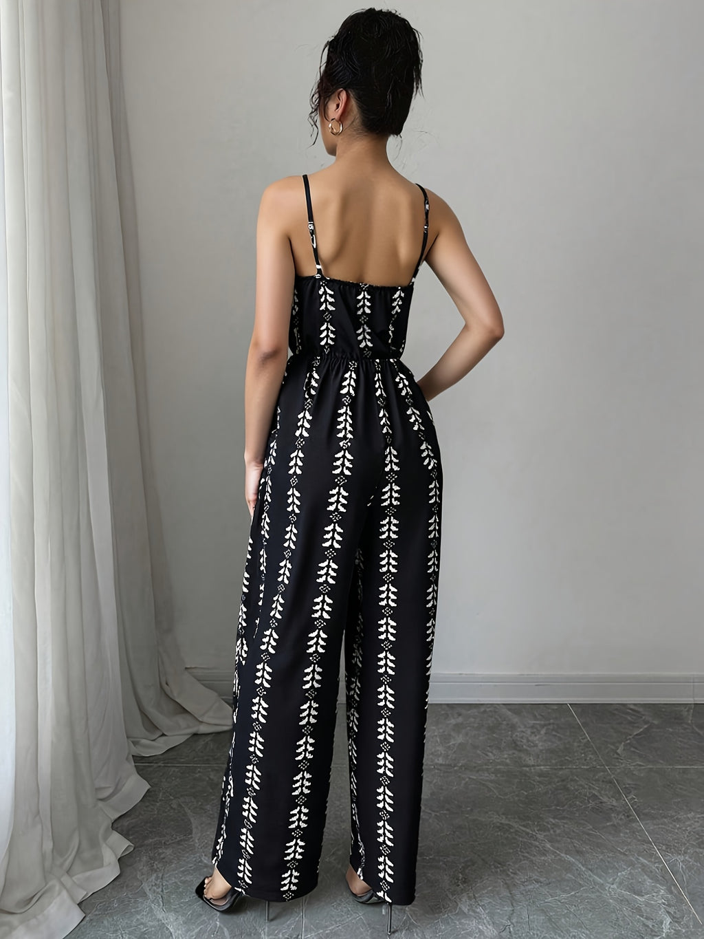 Women'S All-Over Print Loose Casual Wide-Leg Jumpsuit - Black