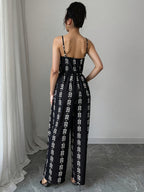 Women'S All-Over Print Loose Casual Wide-Leg Jumpsuit - Black