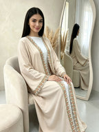 1pc Muslim Women'S Embroidered Open Front Abaya Cardigan, Elegant Long Sleeve Loose Fit Modest Kimono Robe with Decorative Trim, Long Outerwear for Ramadan, Eid, Prayer, Daily Wear & Special Occasions - Off-white