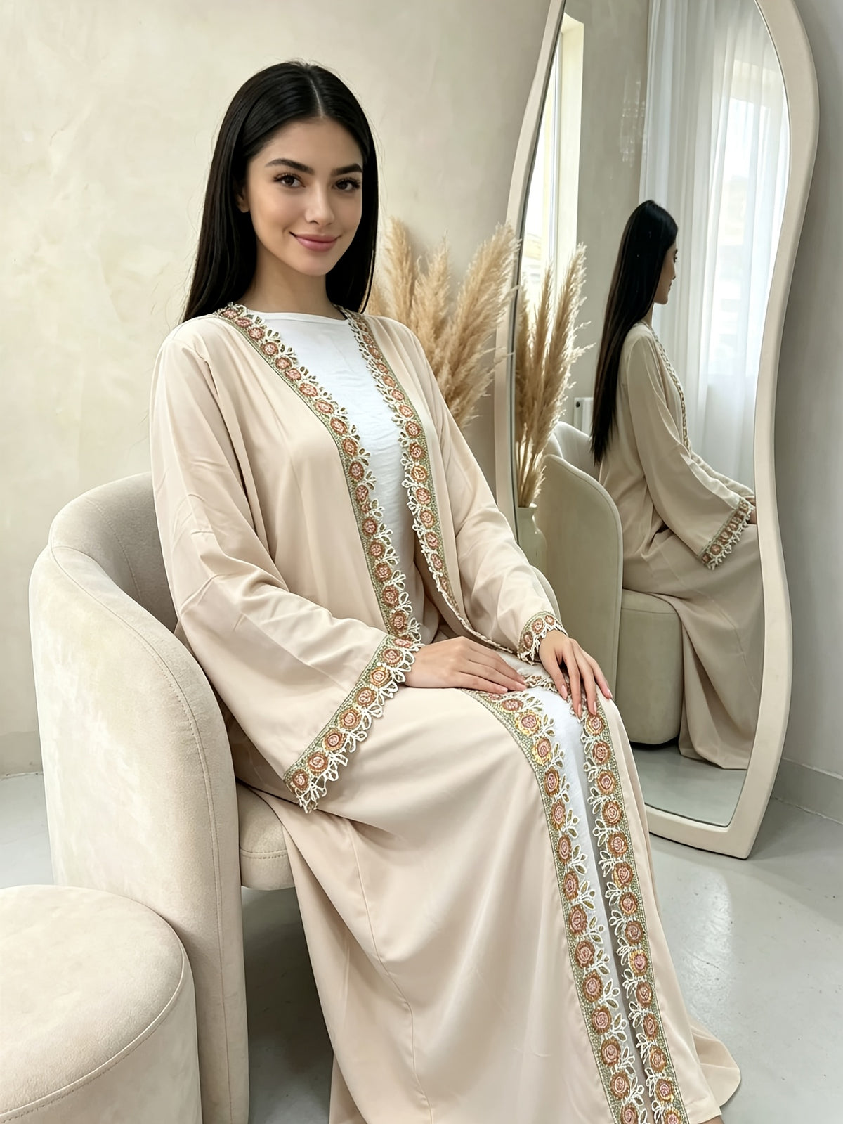 1pc Muslim Women'S Embroidered Open Front Abaya Cardigan, Elegant Long Sleeve Loose Fit Modest Kimono Robe with Decorative Trim, Long Outerwear for Ramadan, Eid, Prayer, Daily Wear & Special Occasions - Off-white