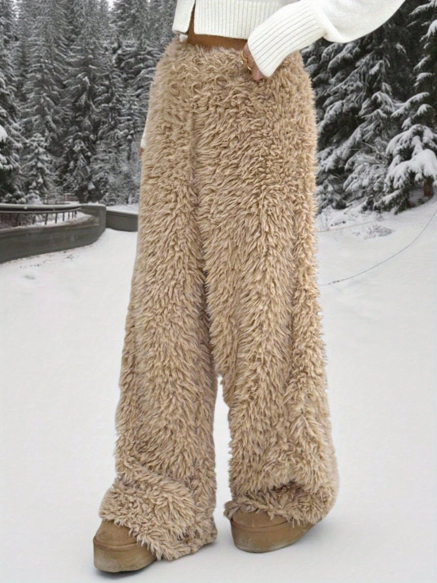 Women'S Solid Color Plush Comfortable Warm Autumn And Winter Home Y2K Casual Fluffy Wide-Leg Pants - Tawny