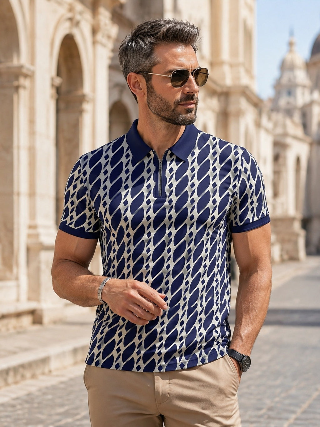 Men'S Short Sleeve Zip Polo Shirt, Navy Blue And Cream Geometric Abstract Pattern, Digital Print, Regular Fit, Contrast Polo Collar And Cuffs, Quarter Zip Placket, Polyester, Casual Golf Style for Daily Wear And Travel, Spring And Summer - Mixed colors