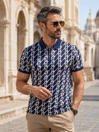 Men'S Short Sleeve Zip Polo Shirt, Navy Blue And Cream Geometric Abstract Pattern, Digital Print, Regular Fit, Contrast Polo Collar And Cuffs, Quarter Zip Placket, Polyester, Casual Golf Style for Daily Wear And Travel, Spring And Summer - Mixed colors