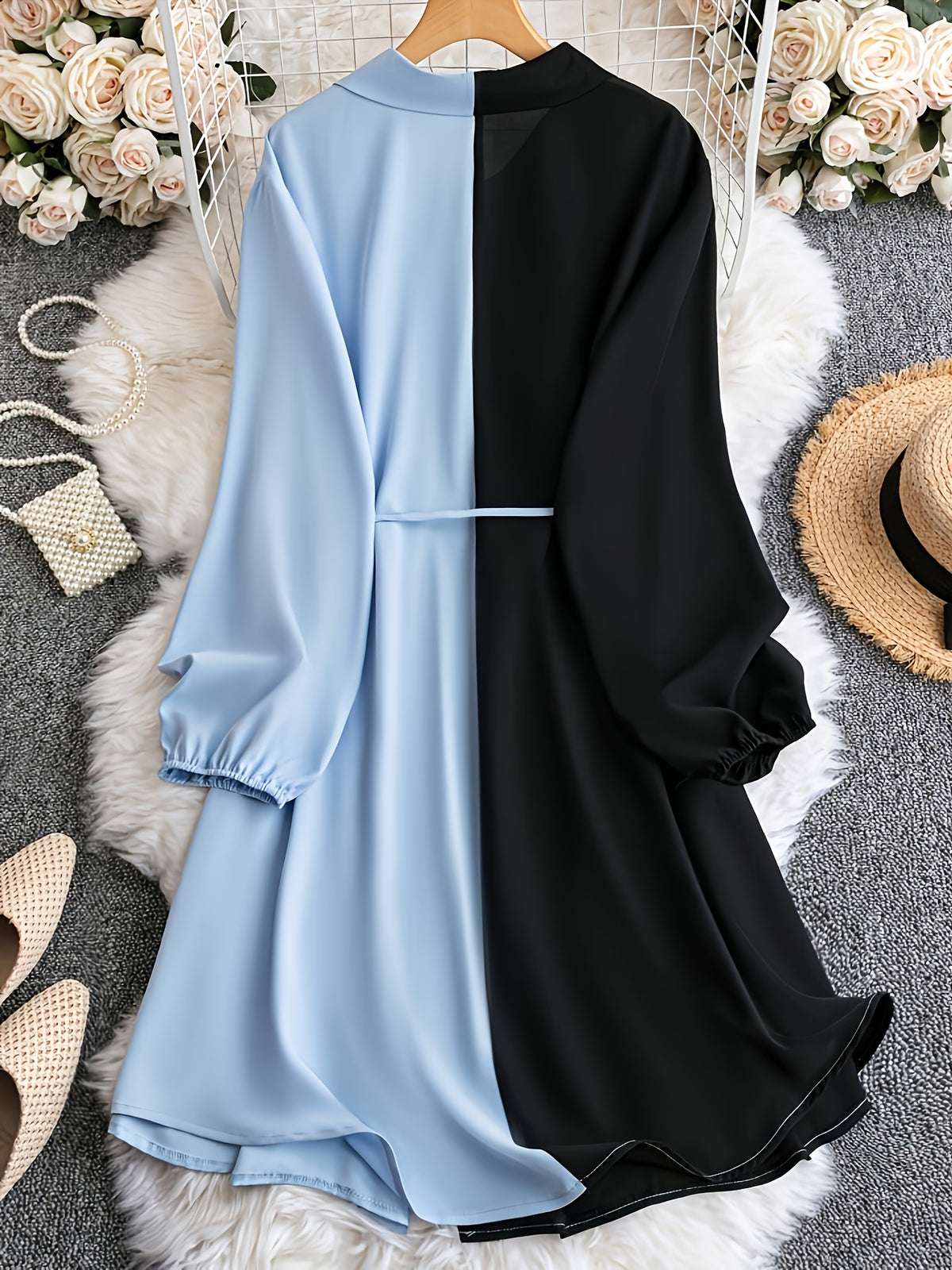 Plus-Size Women's Elegant Color-Block Collared Shirt Dress with Drawstring Waist - Slim-Fit Long Sleeve Machine Washable Solid Color Dress for Spring Summer Fall, Everyday Elegance, Flowy Fabric - Sky Blue
