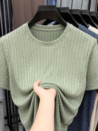 Men'S Round Neck Vertical Ribbed Knit T-Shirt, Summer Breathable Commuter Business Style, Casual Versatile Short Sleeve Top, Basic Round Neck Design, Neat Stitching, Contouring Neckline, Unrestrictive for Daily Activities - Green