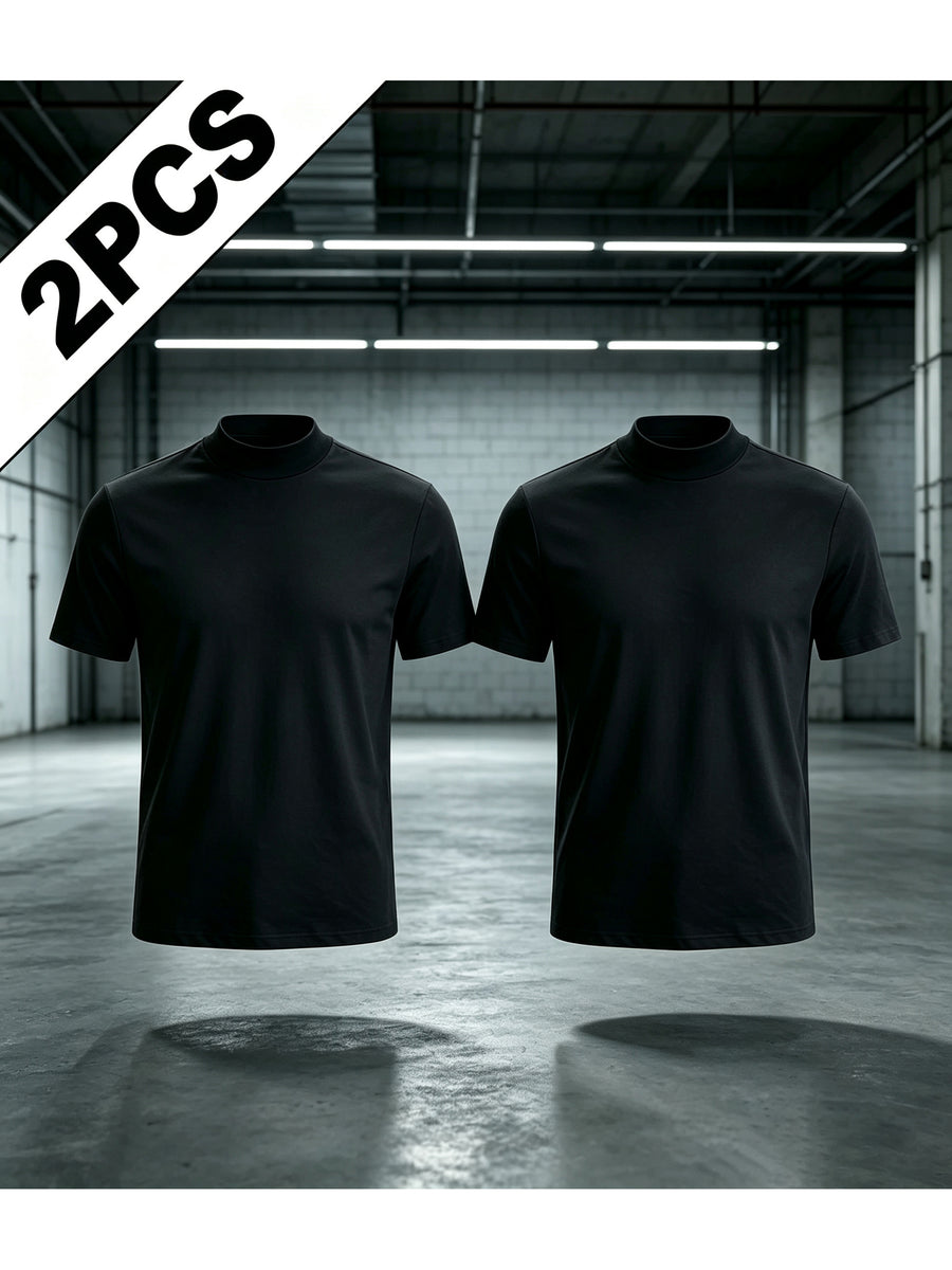 Men'S Solid Mock Neck Short Sleeve T-Shirt, Slim Fit Smooth Stretch Basic Tee, 95 Polyester 5 Spandex Breathable Fitted Mock Tshirt, Casual Daily Layering Top, Soft Wrinkle Resistant Short Sleeve Mock Neck Shirts for Men Workout Business Street - Black 2 Pack