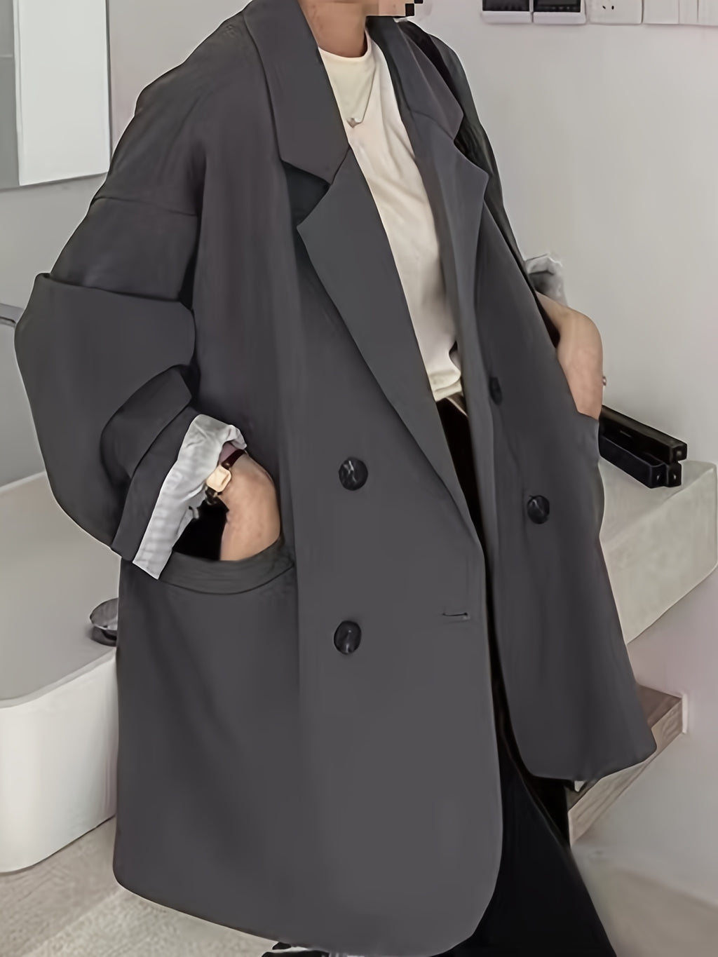 Spring/Autumn New Women's Blazer, Loose-Fit Simple Solid Color Long-Sleeve Top - Dark Gray