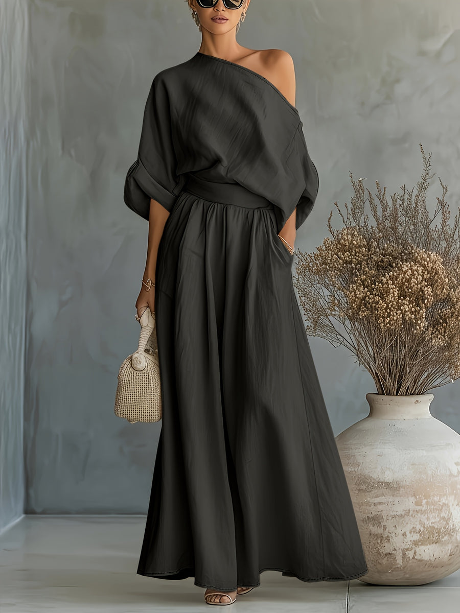 Women'S Fashion Elegant Women'S Easy Casual Short Loose Off-Shoulder Puff Sleeve Niche Top Oversized A-Line Half-Skirt Set - Grey