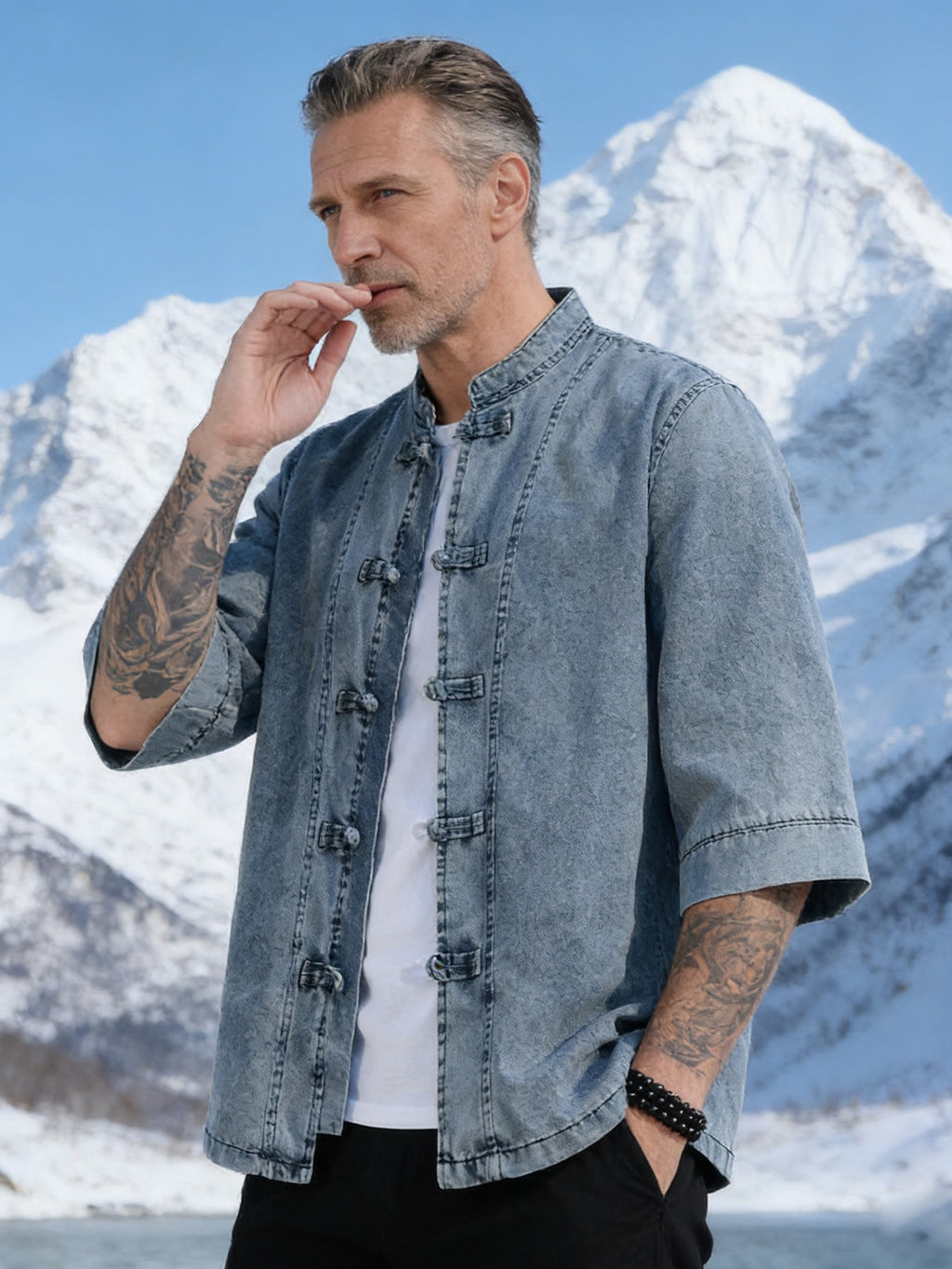Zhiyu OBM New Chinese-Style Vintage Button-Up Denim Jacket, Chinese Tang-Style Shirt, Loose Fit Plus Size Mantou-Style Seven-Quarter Sleeve Hanfu Men's Top, Chinese Size, Please Check The Size Guide Carefully - Blue