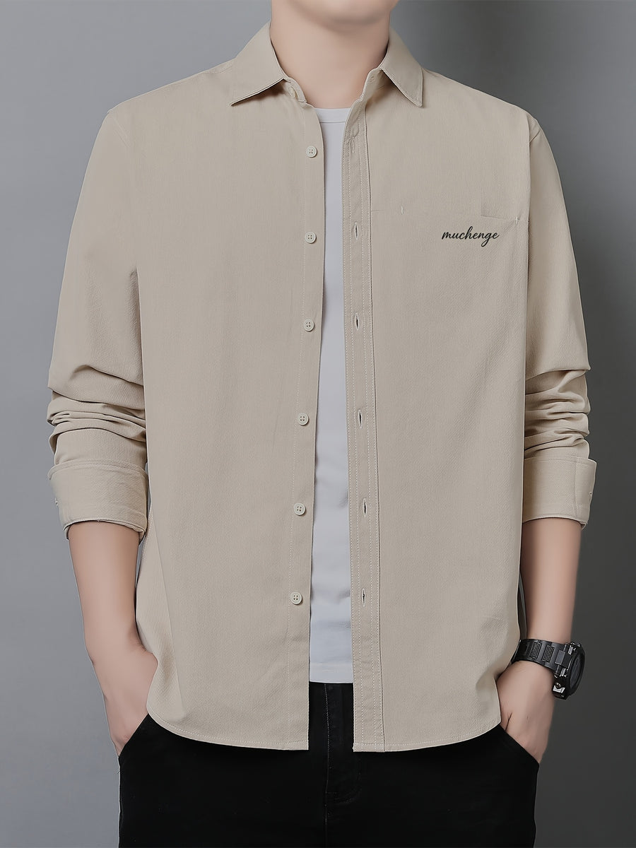 Men'S Long Sleeve Shirt with Lapel, Easy Letter Print Solid Color Hidden Single Pocket Casual Shirt, Washed Breathable Fabric, Spring/Autumn Commute Daily Wear Men'S Top, Inner And Outer Wear Multi-Color Available - Apricot