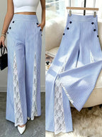 French-Style Fresh Striped Casual Pants with Side Lace Patchwork, High Slit, High Waist, Flattering Drop Crotch Wide-Leg Flared Trousers. The Blue and White Stripes Bring a Refreshing Vacation Vibe, While the Lightweight, Breathable Fabric Prevents - Sky Blue