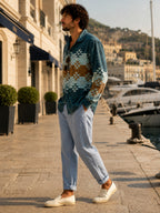Men's Vintage Geometric Random Print Long-Sleeve Shirt, Classic Lapel Button-Up Casual Top, Vintage Aztec Style Regular Fit Fashion Shirt, Suitable for Vacations, Travel, Beach, Parties, and Daily Wear, Can Be Used as a Holiday Gift, Birthday Gift - Mixed colors