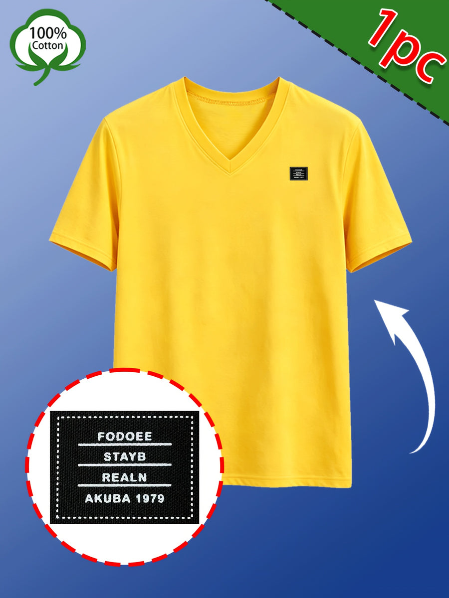 Men's Casual 100% Cotton V-Neck T-Shirt, Summer Sports Short-Sleeve Top, Plain Weave Knit with Distinctive Design, Durable and Pilling-Resistant, Pure Cotton Soft, Breathable, and Refreshing Without Feeling Stuffy, Comfortable, High-Quality - Yellow