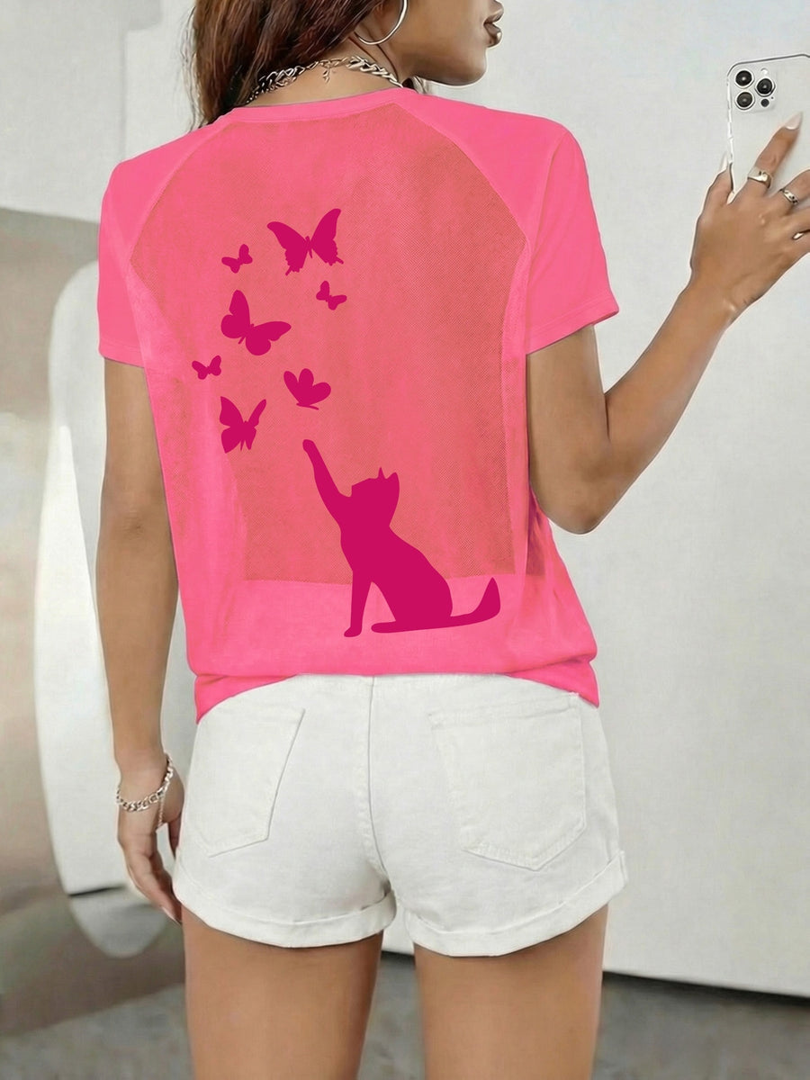 Women's Sexy Backless Careful Machine, Printed with Cat Butterfly Plush Print Pattern, Semi Transparent Round Neck T-shirt, Breathable Mesh Fabric, Suitable for All Seasons, Suitable for Casual and Formal Wear - Rose Red