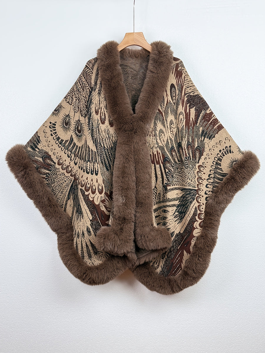 Women's Faux Trim Cape Shawl, Pea Rooster Pattern Acrylic Poncho Wrap, Open Front Sleeveless Fall Winter Outerwear - Khaki