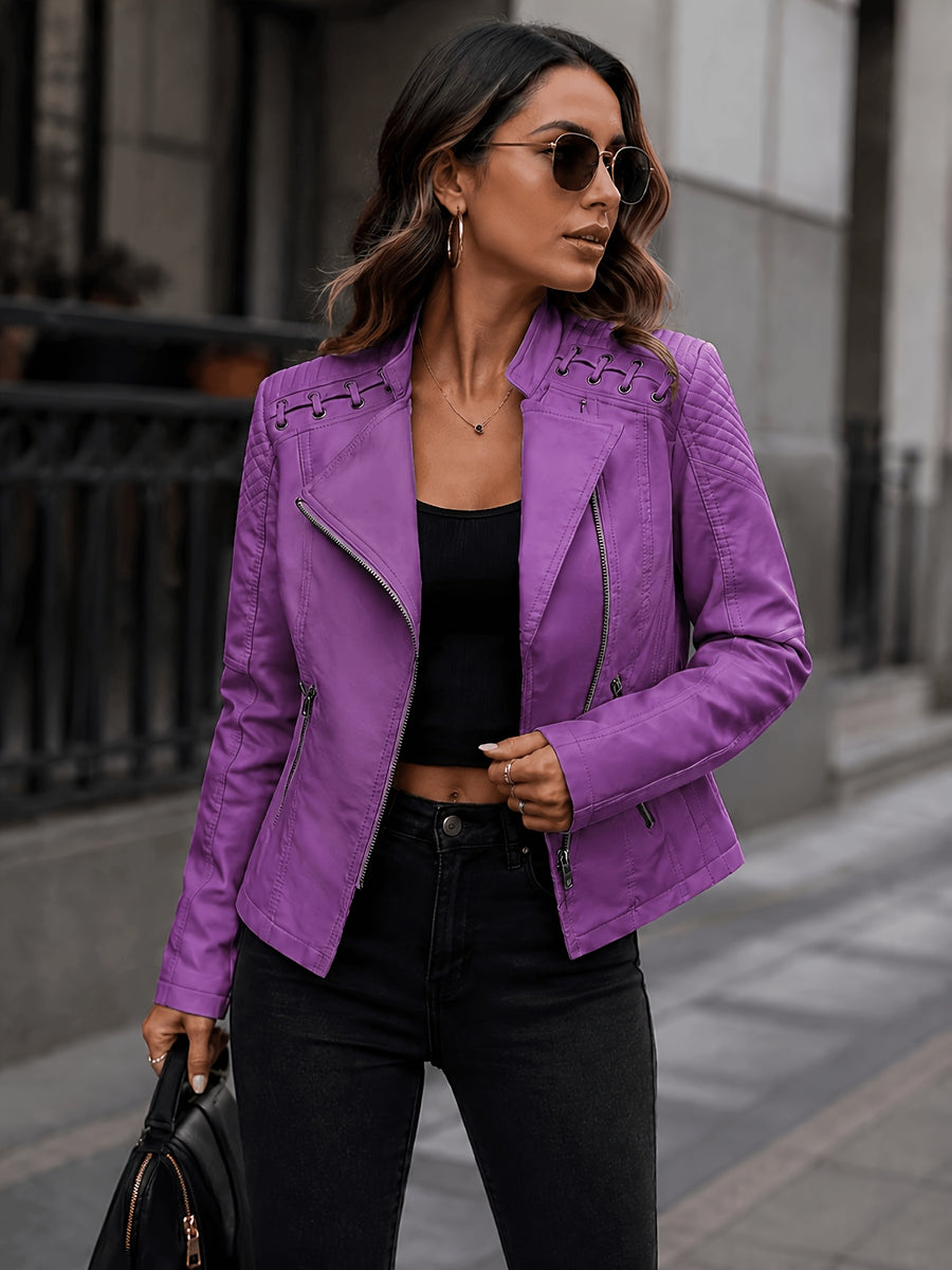 In-Stock/Women'S Casual PU Jacket, Women'S Biker Coat, Spring Autumn Motorcycle Jacket, Vacation Travel Outerwear, Retro Fashion Design - Purple