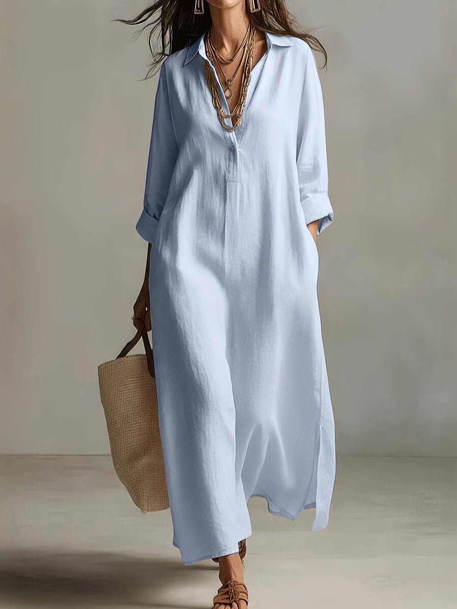 Autumn Casual Solid Color Lazy Style Long Sleeve Shirt Dress for Women, Double Pocket Design, Loose Fit with Side Slit Long Dress, Adds a Touch of Vintage Charm, Moderately Thick, Breathable, Skin-Friendly, and Soft Fabric, Versatile Style - Light Blue