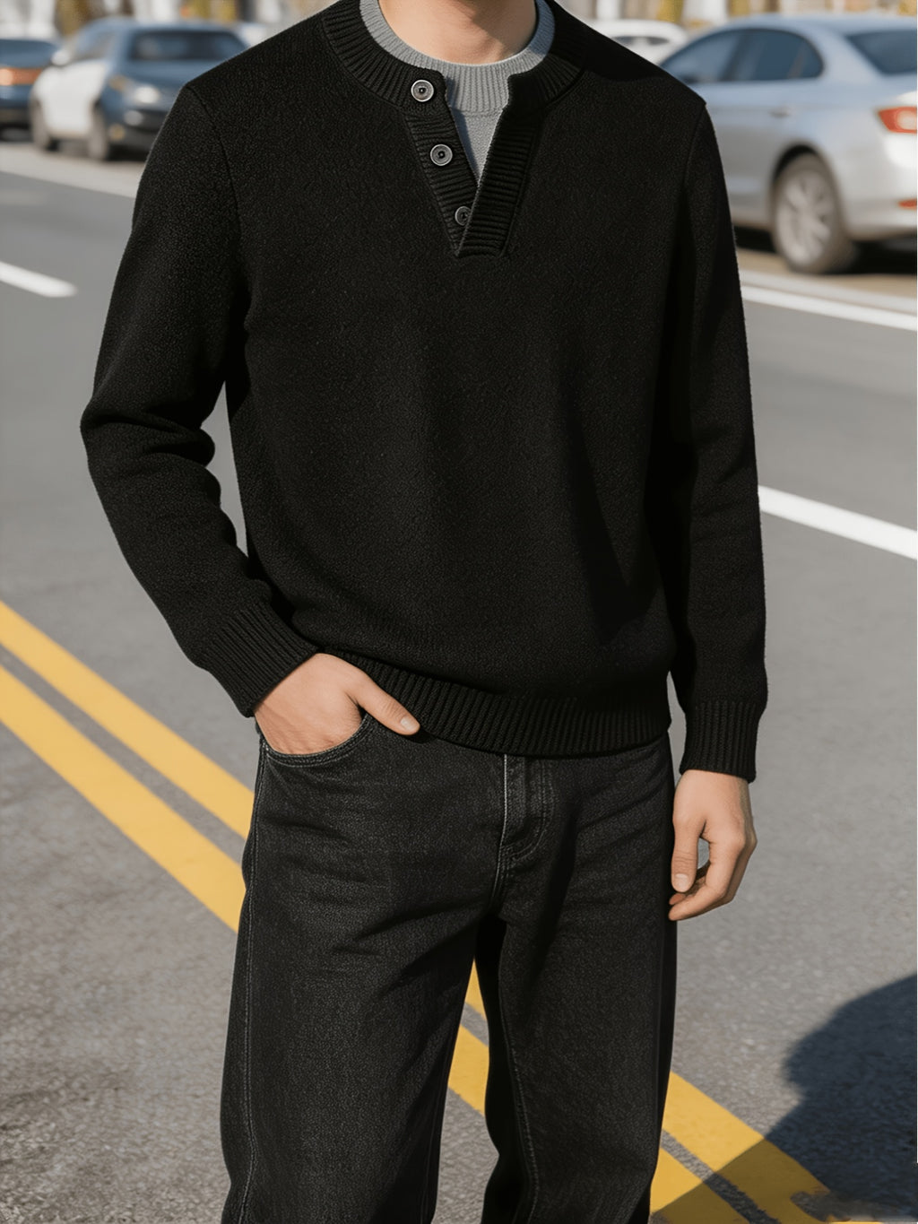 Men'S Thickened Button-Up Knit Sweater Off-Shoulder Sleeve Solid Color Pullover Top, Light Mature Casual Style, Winter Daily Commute Inner Outerwear Sweater - Black