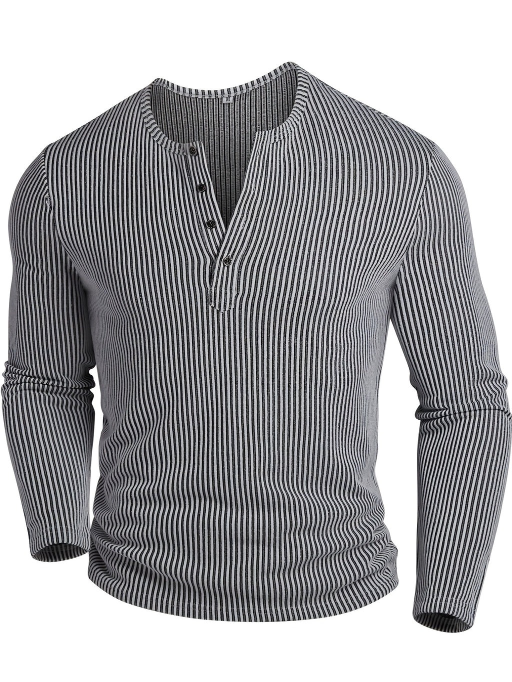 Men's Fashion Top, Autumn/Winter Casual Textured Ribbed Fabric Crew Neck Single-Breasted Long Sleeve Men's Henley Shirt - White