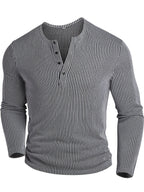 Men's Fashion Top, Autumn/Winter Casual Textured Ribbed Fabric Crew Neck Single-Breasted Long Sleeve Men's Henley Shirt - White