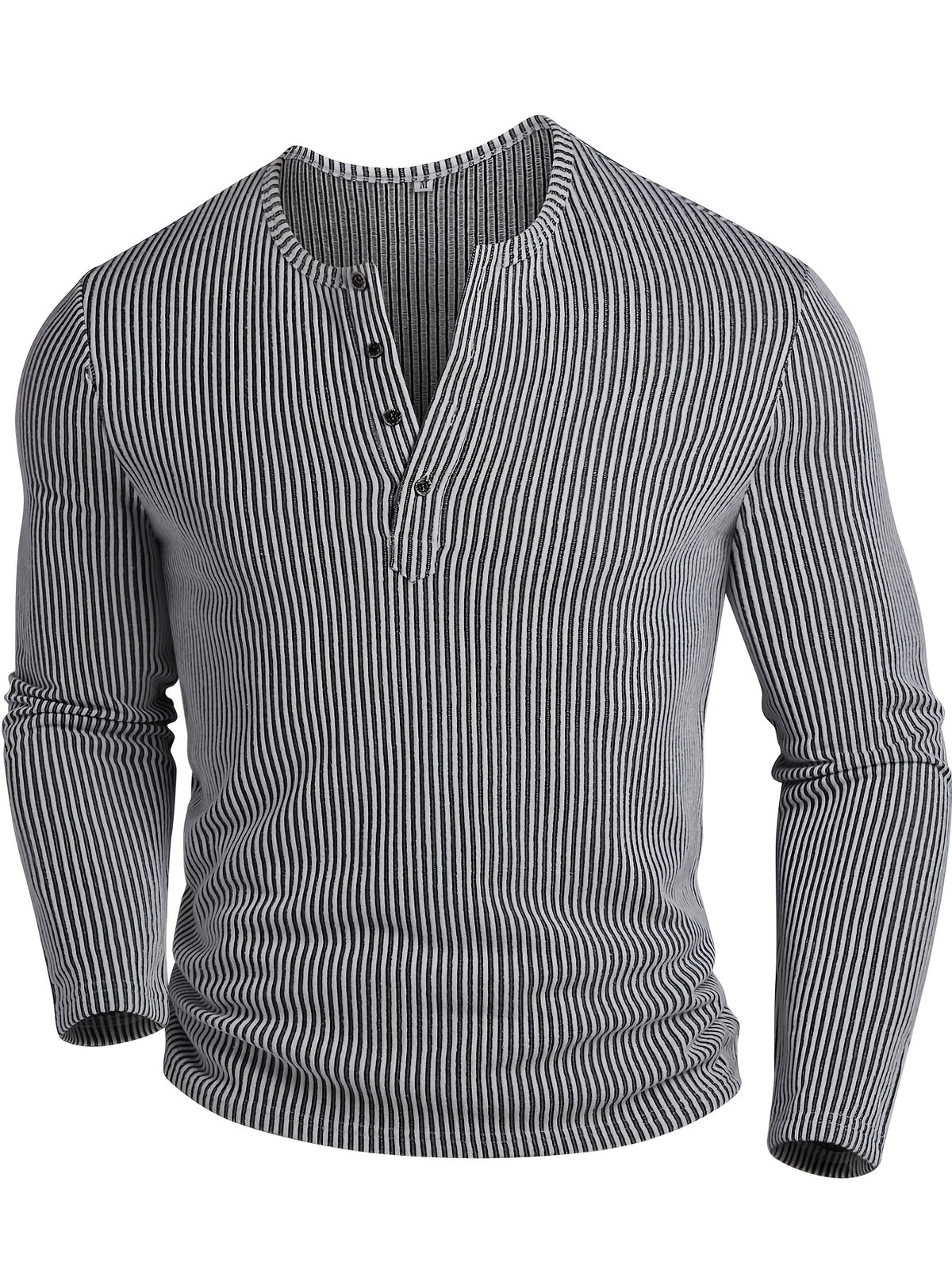 Men's Fashion Top, Autumn/Winter Casual Textured Ribbed Fabric Crew Neck Single-Breasted Long Sleeve Men's Henley Shirt - White