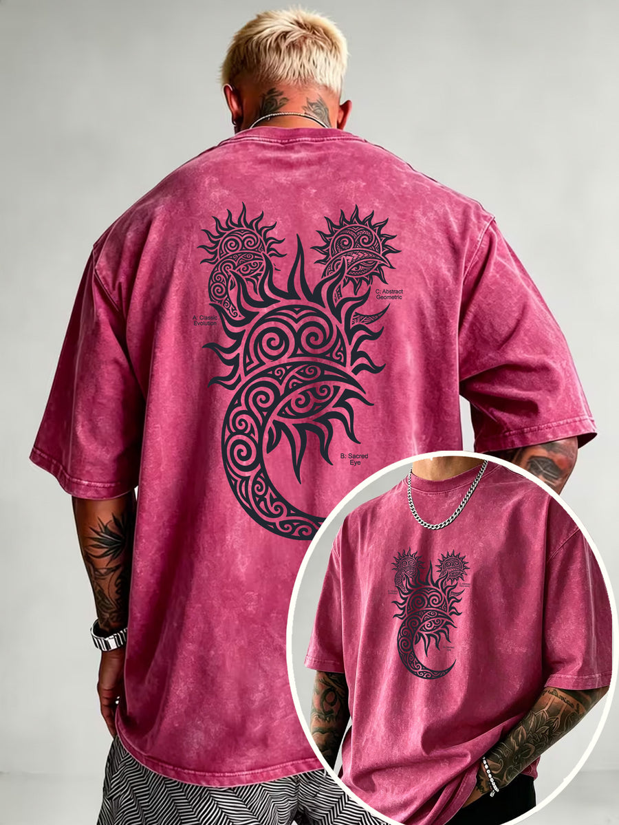 Washed Distressed Short Sleeve Loose Top, Tribal Totem Sun Vortex Trendy Print, Multi-Color Casual Matching, American Street Hip-Hop High Street Style, Daily Outing Commute Sports Fitness Couple Statement Versatile T-Shirt - Rose Red