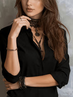 New Women's Solid Color Long-Sleeve Shirt with Lapel Collar, Designed to Create a Professional and Capable Look, Made with Skin-Friendly and Comfortable Fabric - Black
