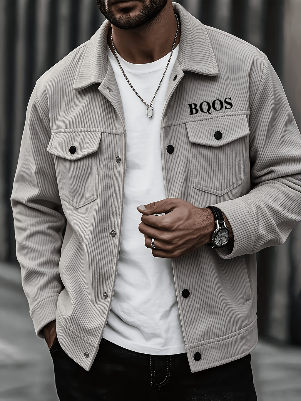 Men's American-style Corduroy Casual Jacket, Simple Casual Style, Lapel Collar, Single-Breasted with Multiple Pockets, Letter Embellishment, Comfortable Draping Fabric, Versatile Men's Apparel for Office Workers' Commuting and Outings in Spring - Grey