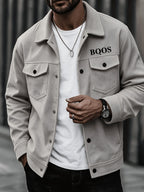 Men's American-style Corduroy Casual Jacket, Simple Casual Style, Lapel Collar, Single-Breasted with Multiple Pockets, Letter Embellishment, Comfortable Draping Fabric, Versatile Men's Apparel for Office Workers' Commuting and Outings in Spring - Grey