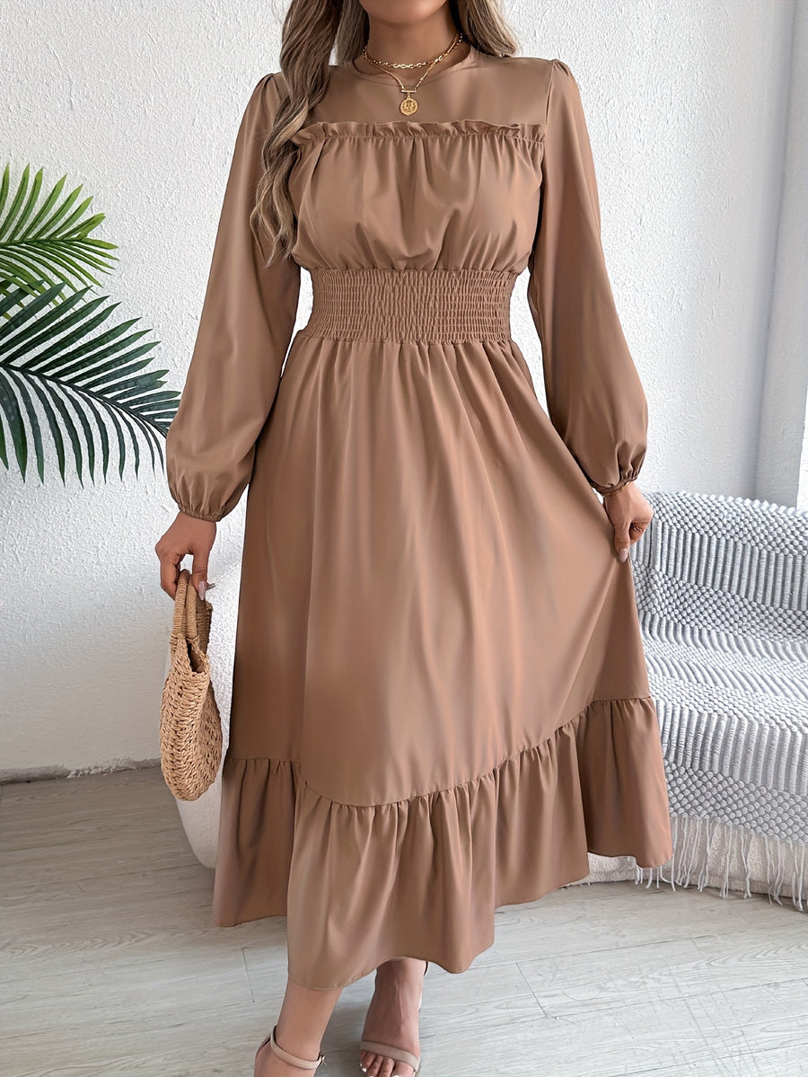 Autumn-Winter Elegant Solid Color Round Neck Long Sleeve Waist-Gathered Ruffle Hem Maxi Dress - Khaki