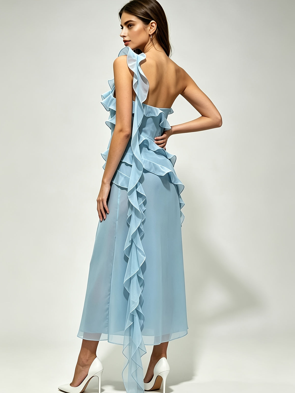 Asymmetrical Hem Dress, Birthday Party Dress, Elegant Slimming Style, Cocktail Dress, Graduation Ceremony Dress, Coming-of-age Birthday Gift, Evening Gown, Party Dress, Chiffon Dress, Spaghetti Suspender Dress, Annual Meeting Dress, Toasting Dress. - Sky Blue