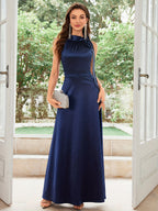 Vintage 1950S Sleeveless Satin Elegant Necktie Ball Gown, Host Dress - navy blue