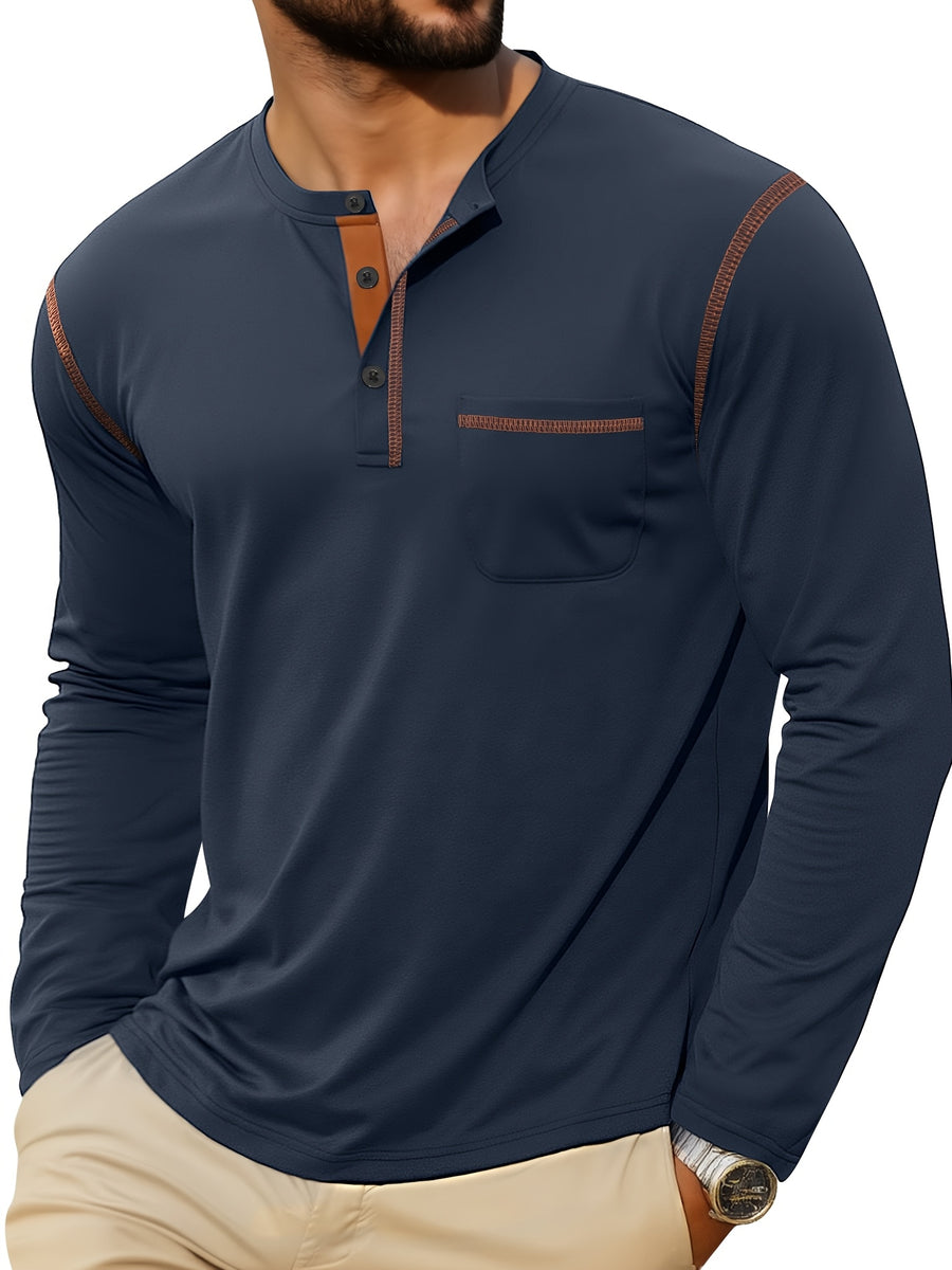 3pcs Men'S Henley Long Sleeve T-Shirt Set, Spring/Autumn New Color-Block Decorative Pocket Top, Half-Button Casual Shirt, Skin-Friendly Breathable Lightweight Fabric, Comfortable Stretch, Multi-Color Combination, Casual All-Match - Navy Blue + White + Black